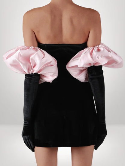 Black Suede Gloves Solid color Puff Trim + Strapless Mini Dress