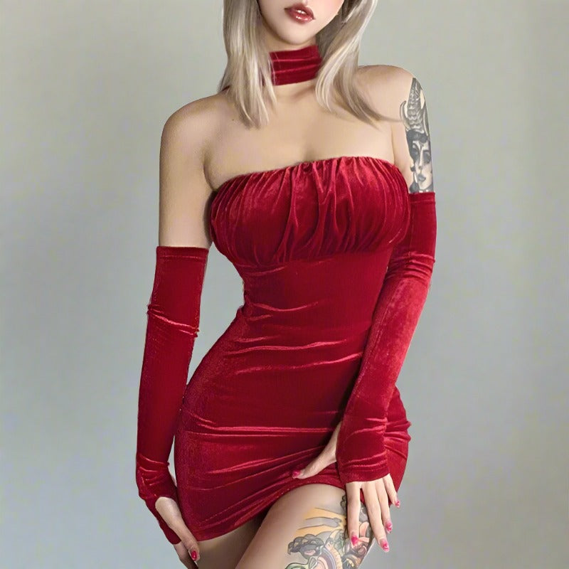 Red Suede Gloves + Ruched Halter Mini Dress