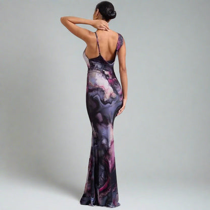 Purple Marble Print Asymmetric Spaghetti Strap Maxi Dress