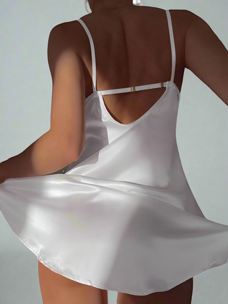 White Silk Lace V-Cut Backless Spaghetti Strap Mini Dress