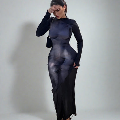 Black Silhouette Body Print Turtleneck Long Sleeve Maxi Dress