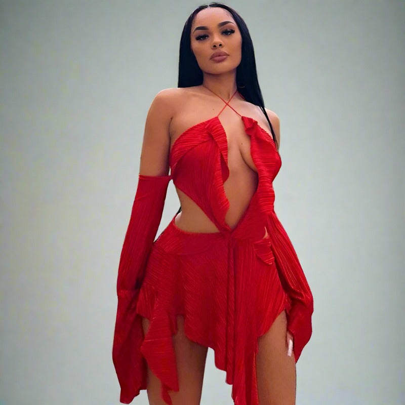 Red Ribbed Asymmetrical Deep V-Cut Backless Off Shoulder Flare Long Sleeve Mini Dress