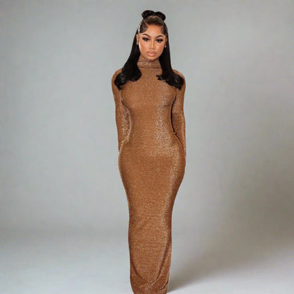 Neutral Sparkly Turtleneck Backless Drop Down Long Sleeve Maxi Dress