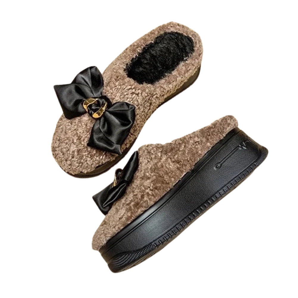 Neutral Fleece Silk Bow Platform Flats