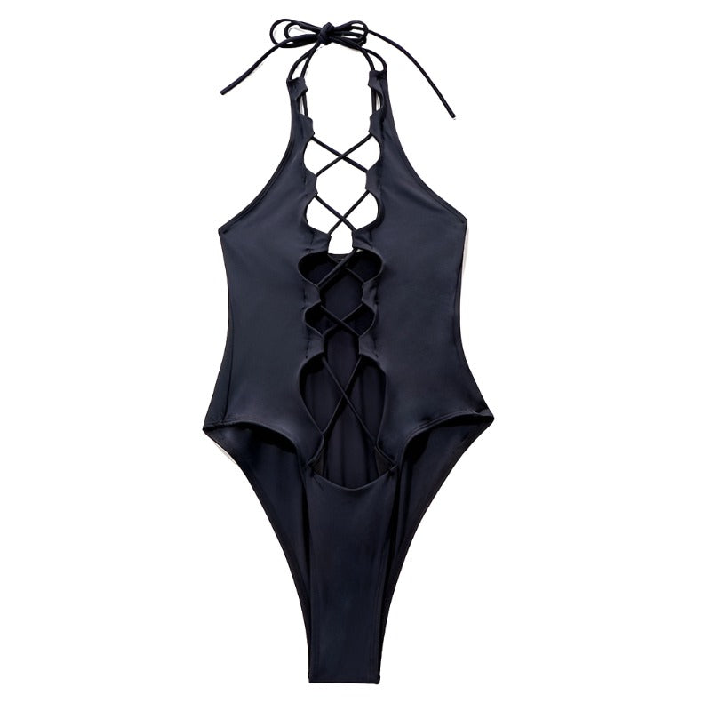 Black Tie-Up Halter One Piece