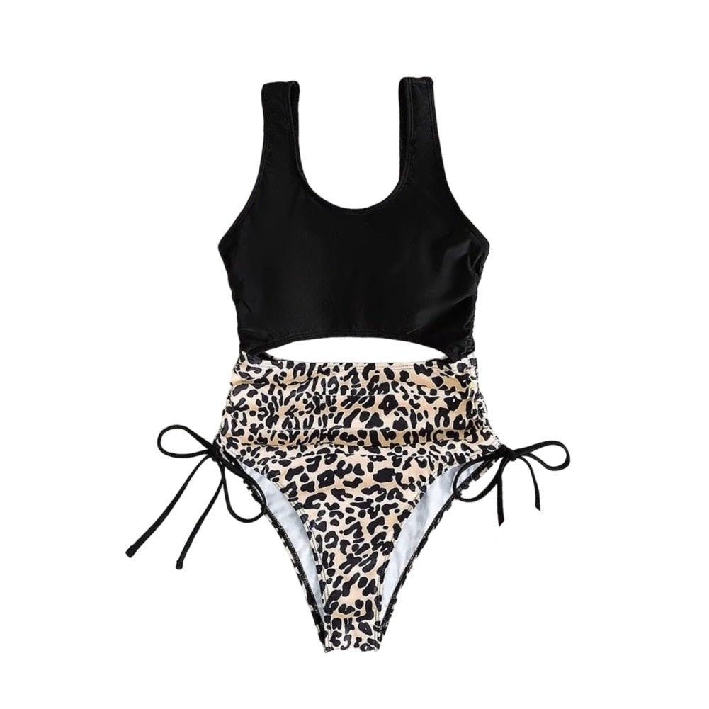 Black And Cheetah Hollow Out Double Side Drawstring Spaghetti Strap One Piece