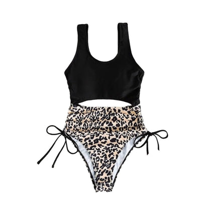 Black And Cheetah Hollow Out Double Side Drawstring Spaghetti Strap One Piece