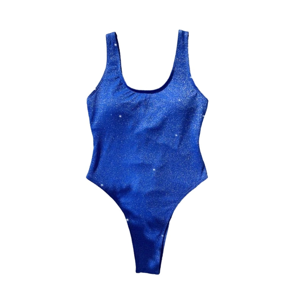Blue Sparkly Back Lace-Up Spaghetti Strap One Piece
