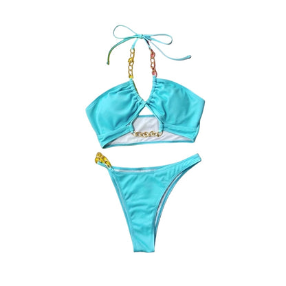 Blue Hollow Out Chain String Bikini