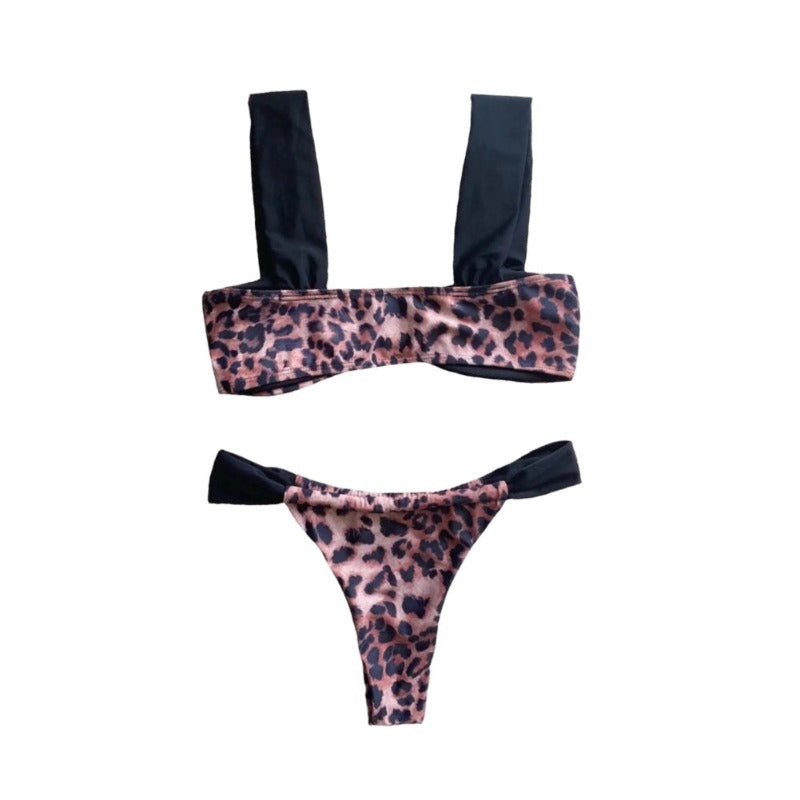 Cheetah Black Trim Spaghetti Strap Ruched Bottom Bikini