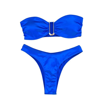 Metallic Solid Color U-Link Strapless Bikini