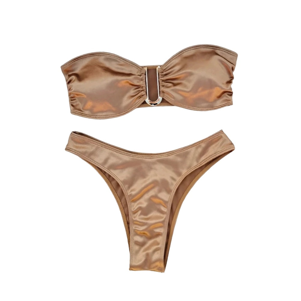 Metallic Solid Color U-Link Strapless Bikini