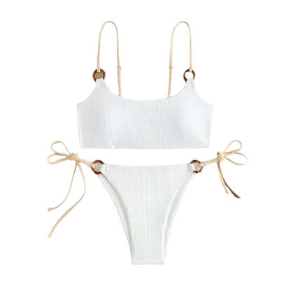 Neutral Ribbed Ring Link Spaghetti Strap Bikini