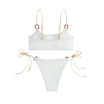 Neutral Ribbed Ring Link Spaghetti Strap Bikini