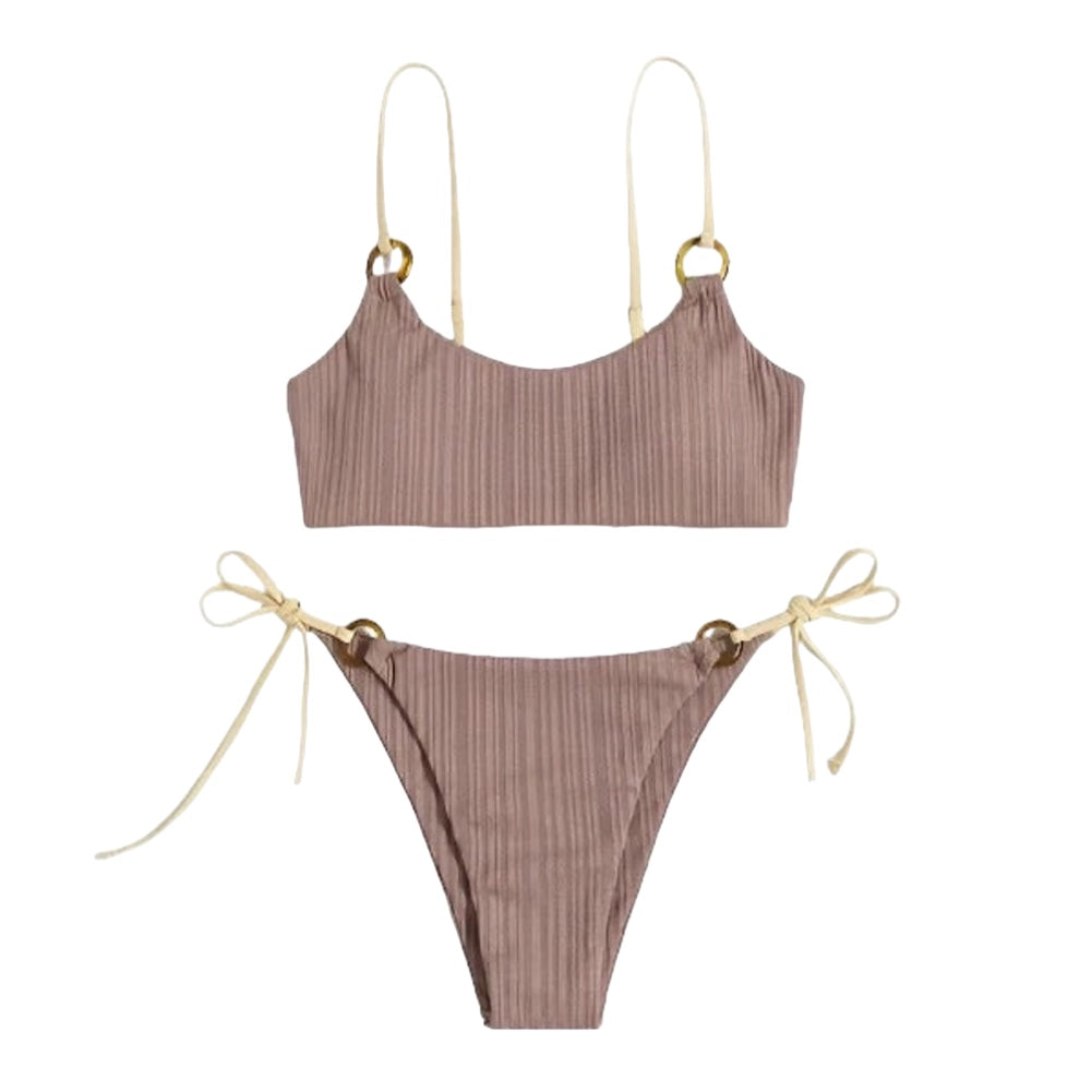 Neutral Ribbed Ring Link Spaghetti Strap Bikini