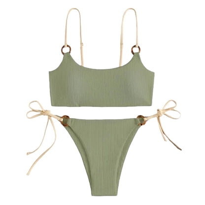 Neutral Ribbed Ring Link Spaghetti Strap Bikini