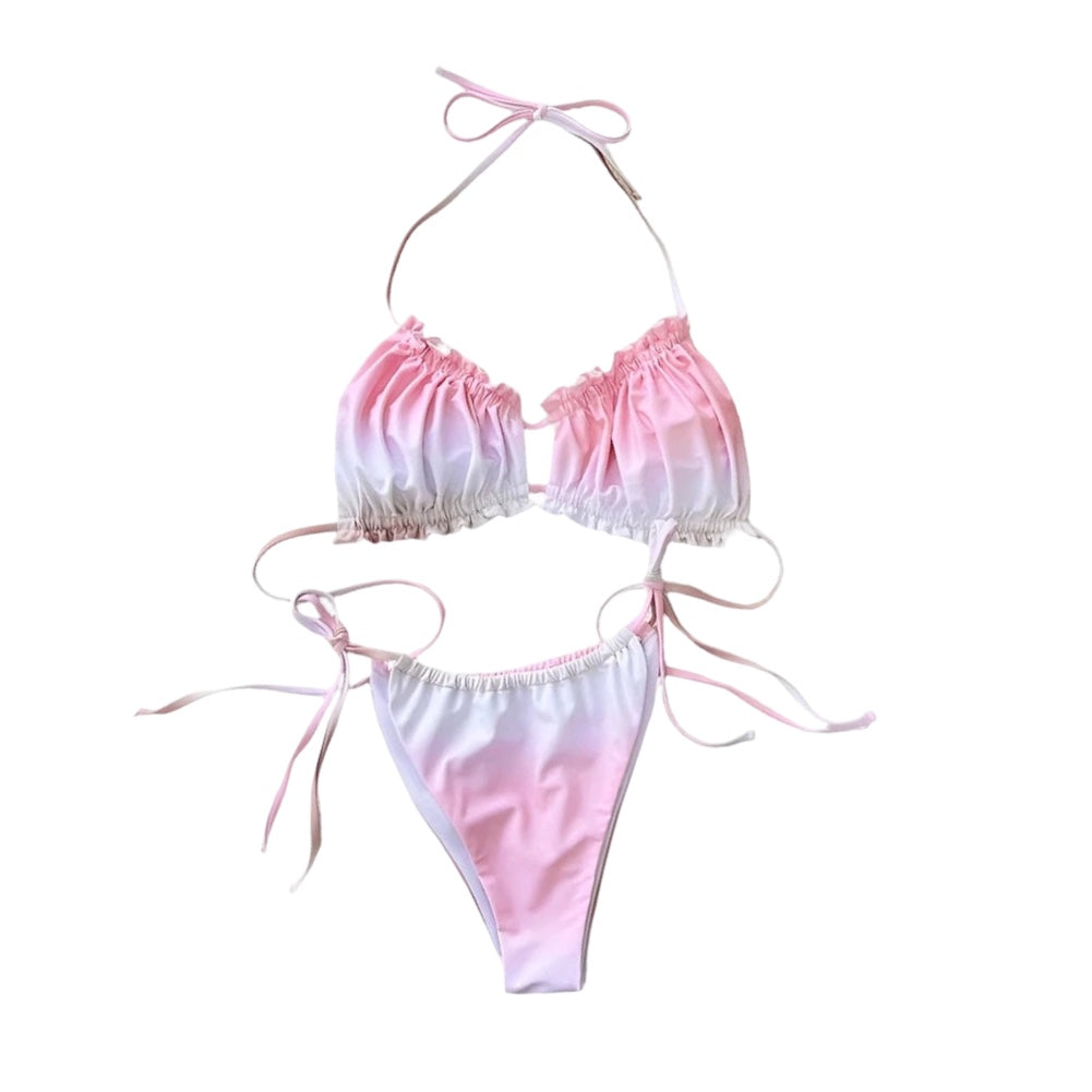 Pink Ombre Ruched String Bikini