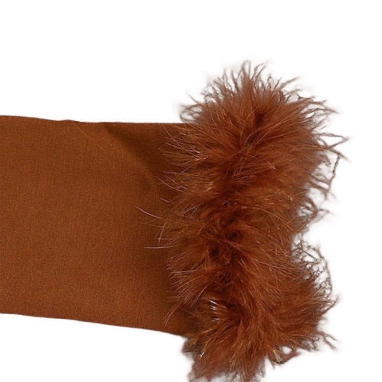 Brown Collar Deep V-Cut Twist Crop Fur Cuff Long Sleeve