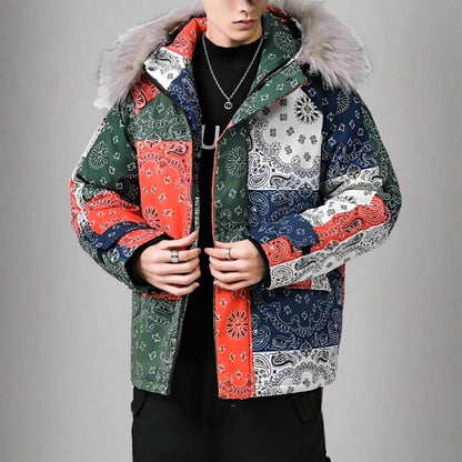 Bandana Patchwork Fur Hooded Puffer Jacket