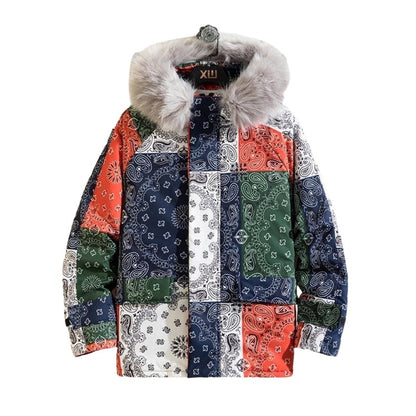 Bandana Patchwork Fur Hooded Puffer Jacket