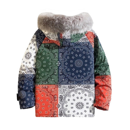 Bandana Patchwork Fur Hooded Puffer Jacket