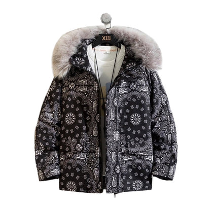 Bandana Patchwork Fur Hooded Puffer Jacket