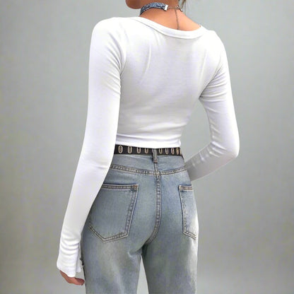 Neutral Ribbed V-Cut Button Up Crop Long Sleeve