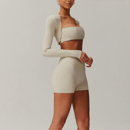 Solid Color Stretchy Cardigan And Bralette And High Waisted Shorts Set