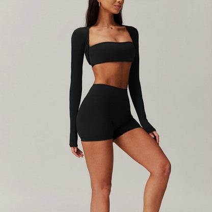 Solid Color Stretchy Cardigan And Bralette And High Waisted Shorts Set