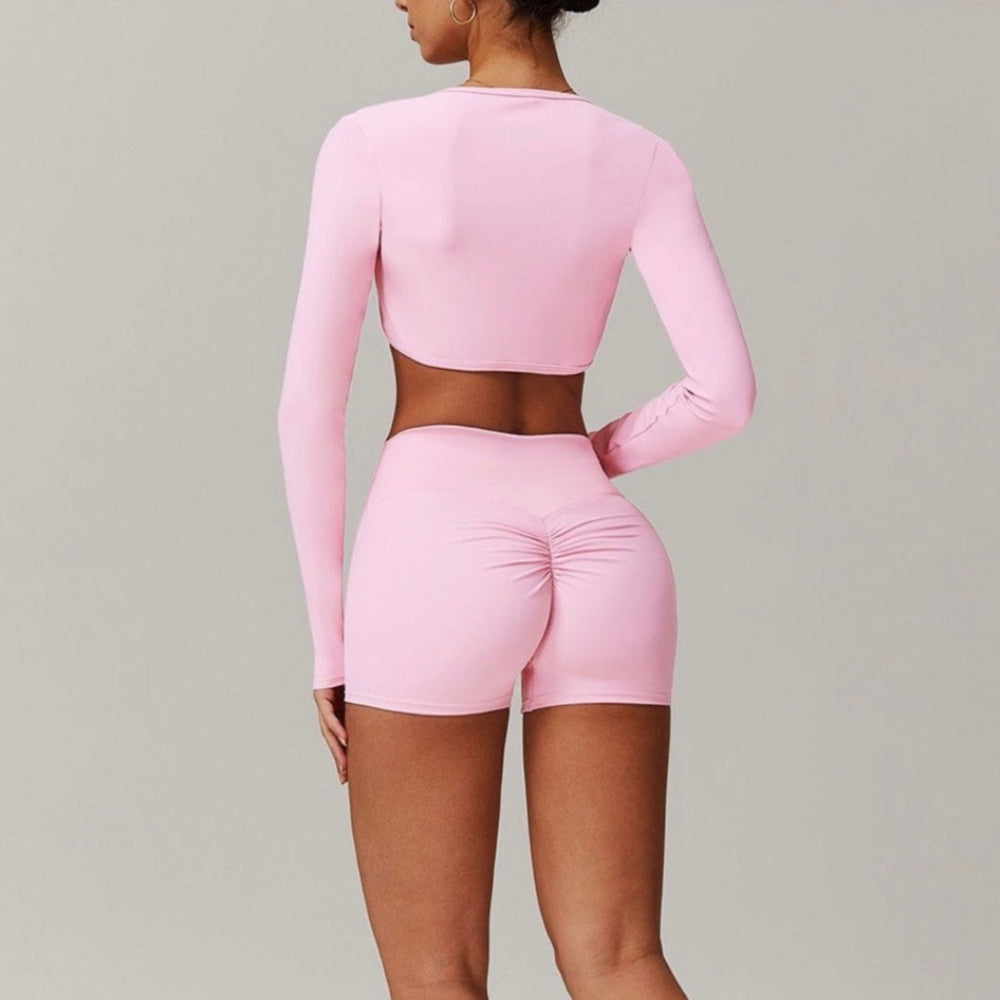 Solid Color Stretchy Cardigan And Bralette And High Waisted Shorts Set