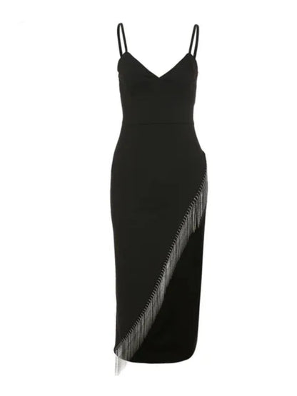 Black Fringe Diamond Spaghetti Strap Maxi Dress