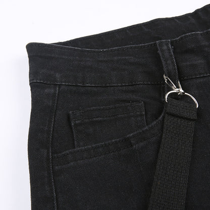 Black Denim Double Side Chain Low Waisted Straight Jeans