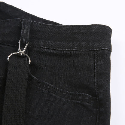 Black Denim Double Side Chain Low Waisted Straight Jeans