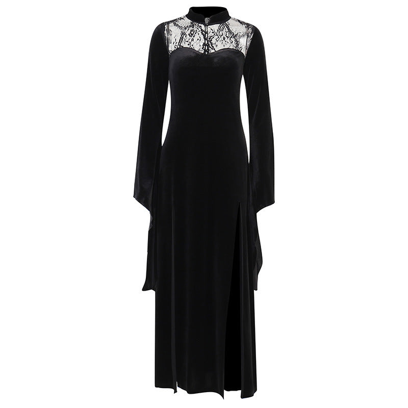 Black Suede Turtleneck Top Lace Front Slit Ruffle Flare Long Sleeve Maxi Dress