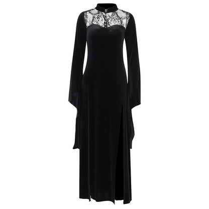 Black Suede Turtleneck Top Lace Front Slit Ruffle Flare Long Sleeve Maxi Dress