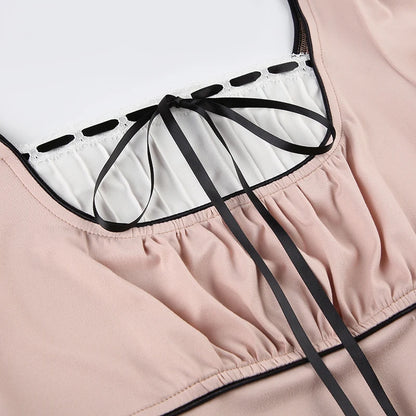 Pink Black Trim Fake White Pleated Under Shirt Puff Short Sleeve