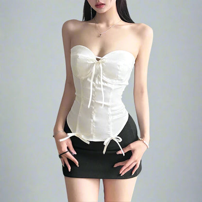 White Silk V-Cut Bow Corset Back Tie Strapless Top