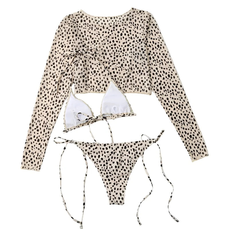 Neutral Cheetah String Bikini And Sheer Cover Up Long Sleeve Set