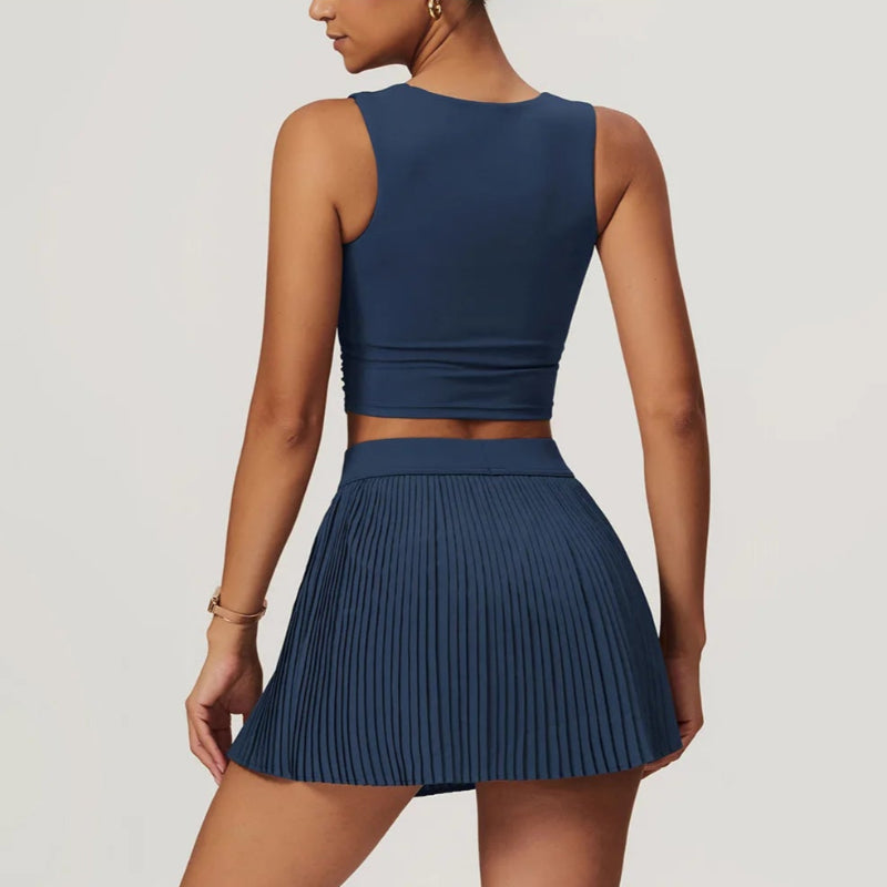 Solid Color Stretchy Crop Sleeveless Top And Pleated Mini Skirt Set
