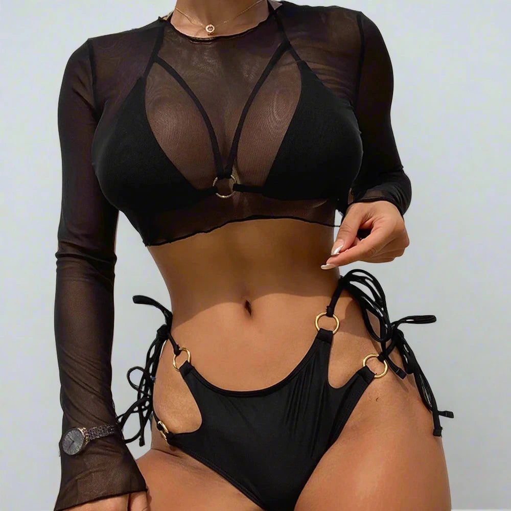 Black Ring Link String Bikini And Sheer Cover Up Long Sleeve Set