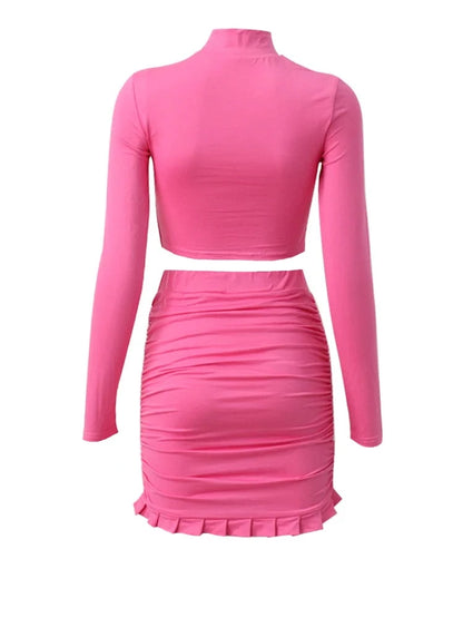 Pink Turtleneck Front Knot Crop Long Sleeve And Ruched Ruffle Trim Mini Skirt Set