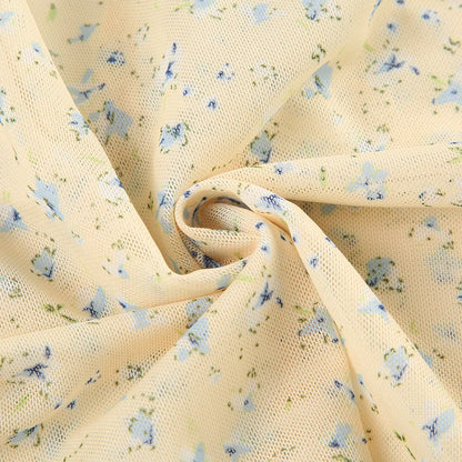 Yellow Sheer Blue Floral Print V-Cut Lace And Blue Ribbon Ruffle Short Sleeve