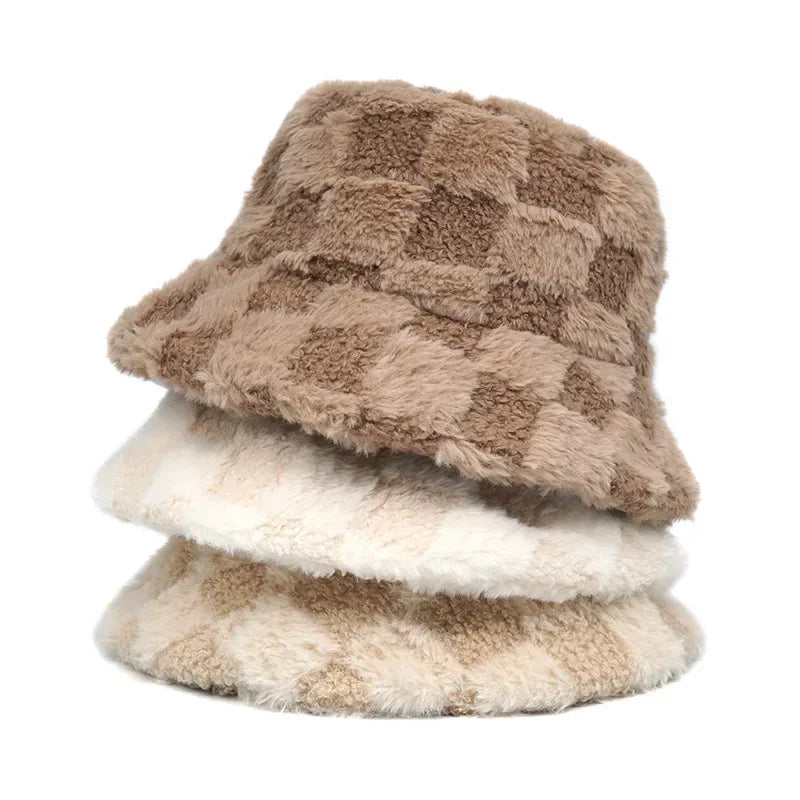 Solid Color Checkered Fur Bucket Hat