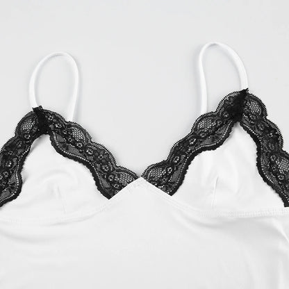 White V-Cut Black Lace Trim Spaghetti Strap Top