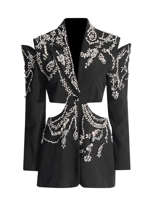 Black Rhinestone Studded Hollow Out Shoulder And Side Blazer