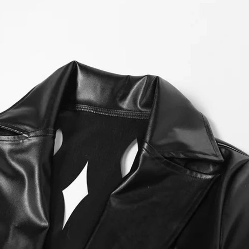 Black Leather Collar Diamond Hollow Out Tassel Long Jacket