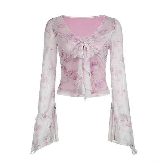 Pink Sheer Floral Print Spaghetti Strap And Fake Cover Up Flare Long Sleeve