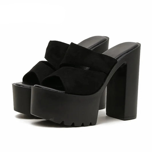 Black Suede Thick Hollow Out Strap Platform Heels