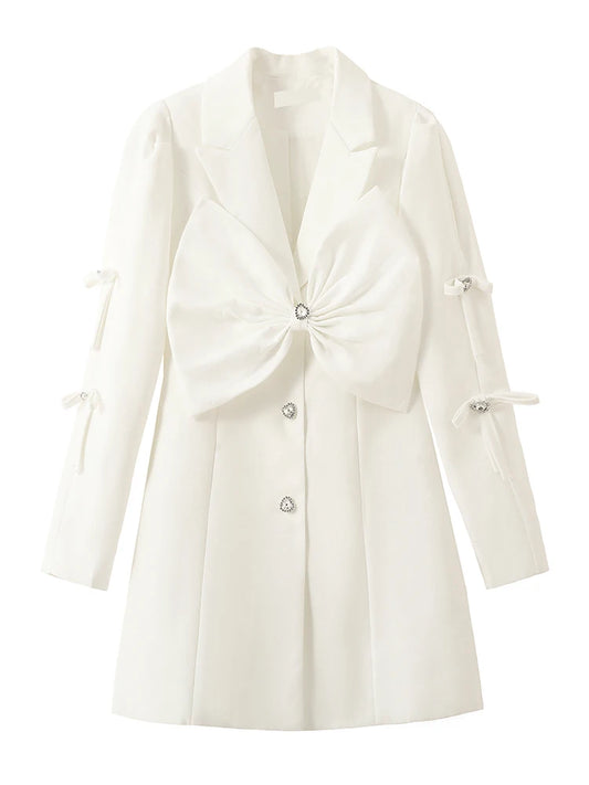 White Puff Sleeve Heart Rhinestone Bow Side Hollow Out Blazer