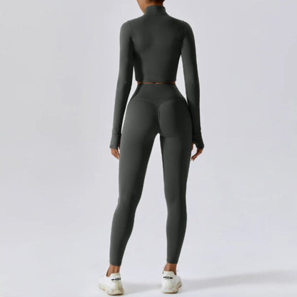 Solid Color Crop Jacket And Crop Top And High Waisted Legging Set